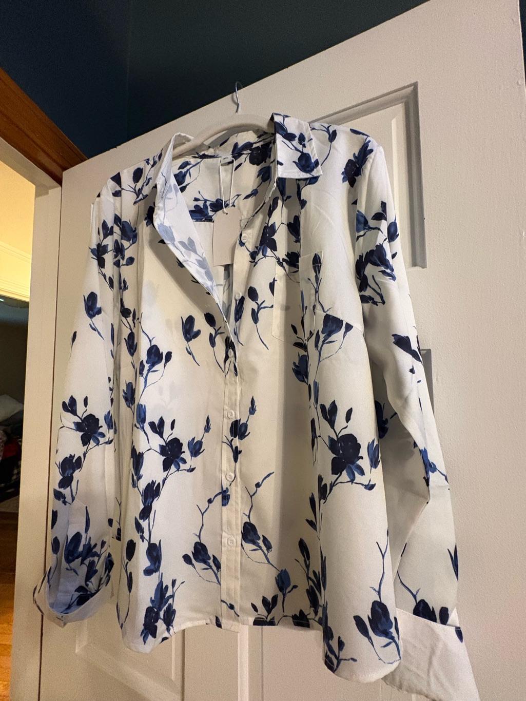 New White Button-Up Blouse With Blue Floral Print